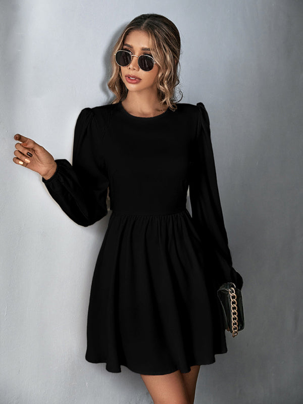 woven sweet waist A-line skirt backless long-sleeved dress kakaclo