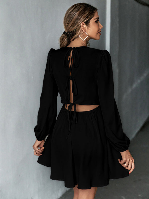 woven sweet waist A-line skirt backless long-sleeved dress kakaclo