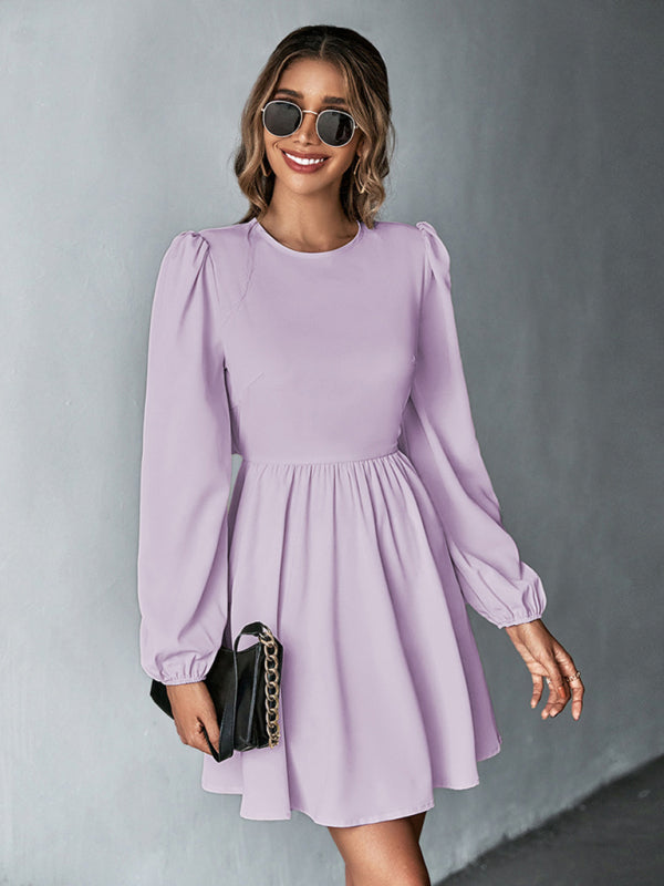 woven sweet waist A-line skirt backless long-sleeved dress kakaclo