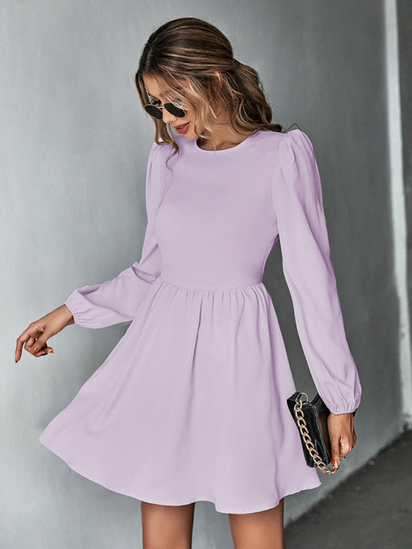 woven sweet waist A-line skirt backless long-sleeved dress kakaclo