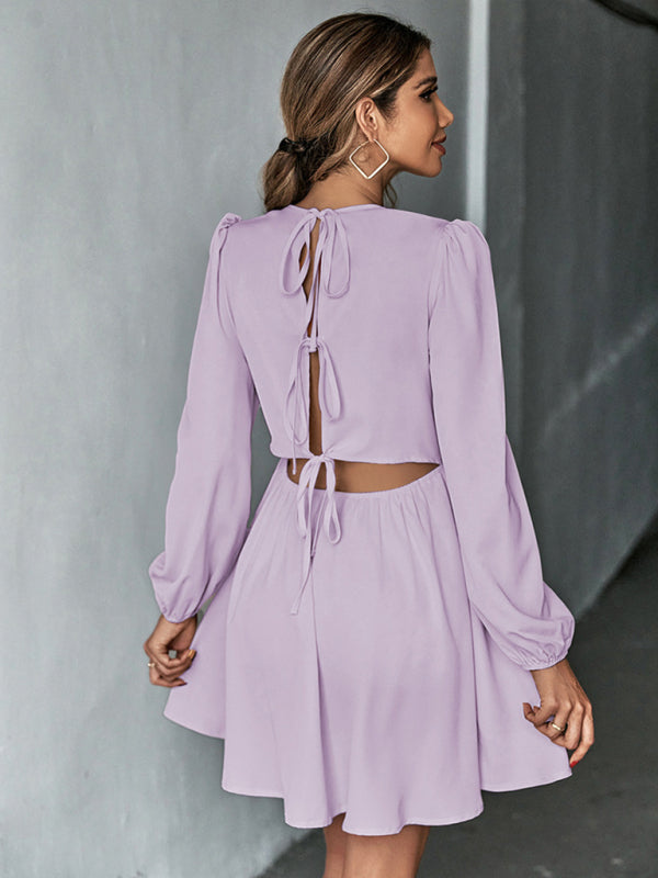 woven sweet waist A-line skirt backless long-sleeved dress kakaclo