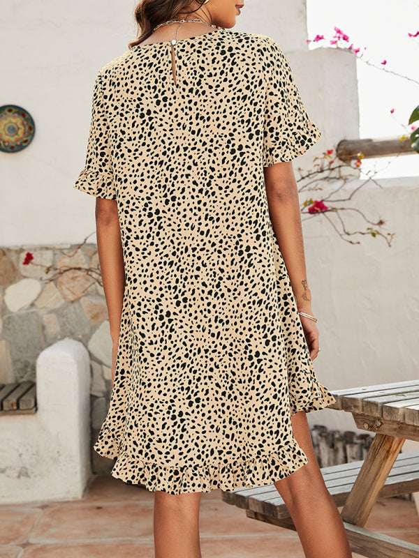 Women's Leopard Print Round Neck Short Sleeve Ruffle Dress kakaclo