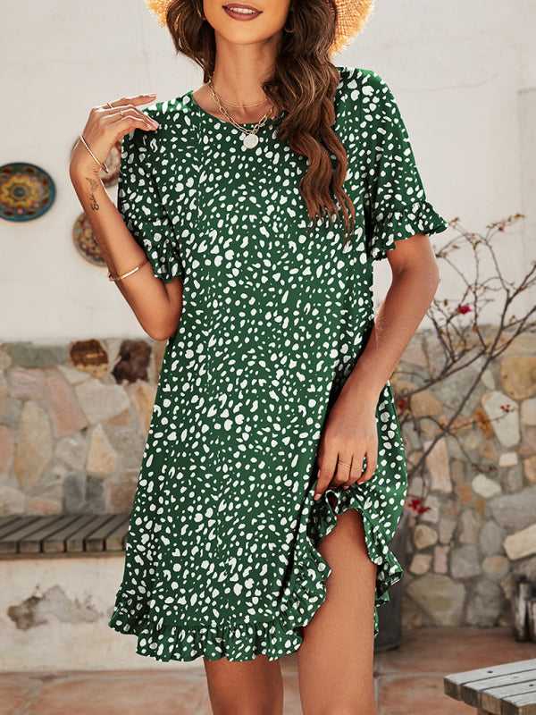 Women's Leopard Print Round Neck Short Sleeve Ruffle Dress kakaclo