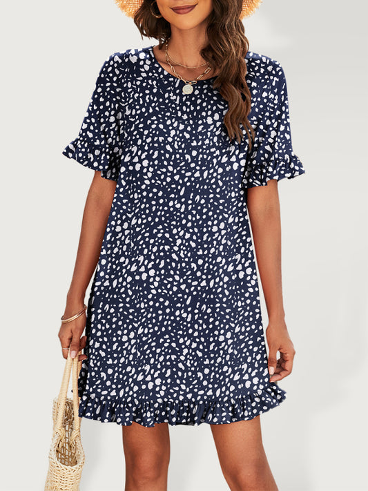 Women's Leopard Print Round Neck Short Sleeve Ruffle Dress kakaclo