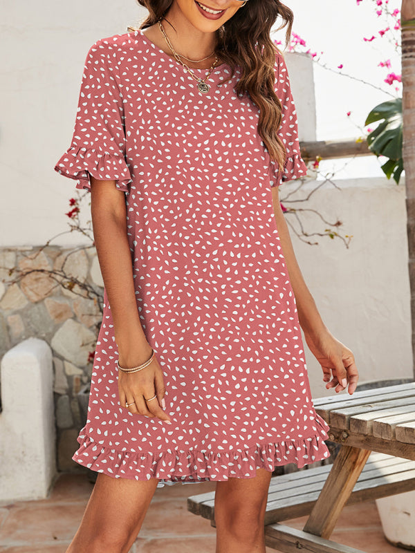 Women's Leopard Print Round Neck Short Sleeve Ruffle Dress kakaclo