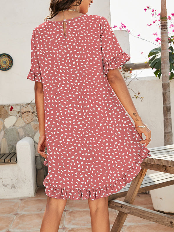Women's Leopard Print Round Neck Short Sleeve Ruffle Dress kakaclo