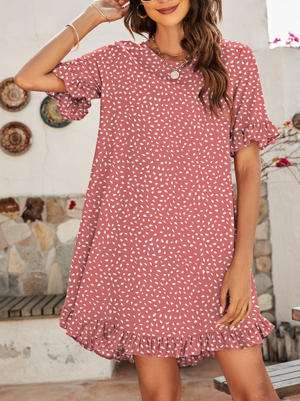 Women's Leopard Print Round Neck Short Sleeve Ruffle Dress kakaclo