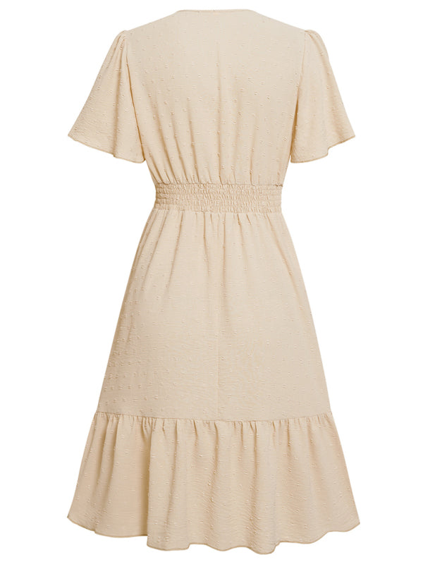 Lace Stitching V-neck Solid Color Ruffle Sleeve Dress kakaclo