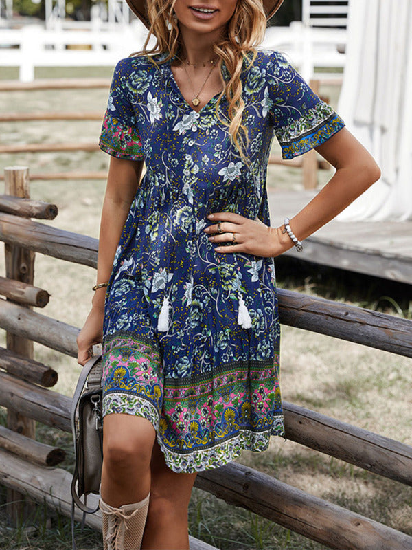 Blue Zone Planet |  Woven Loose Vacation Short Sleeve Dress BLUE ZONE PLANET