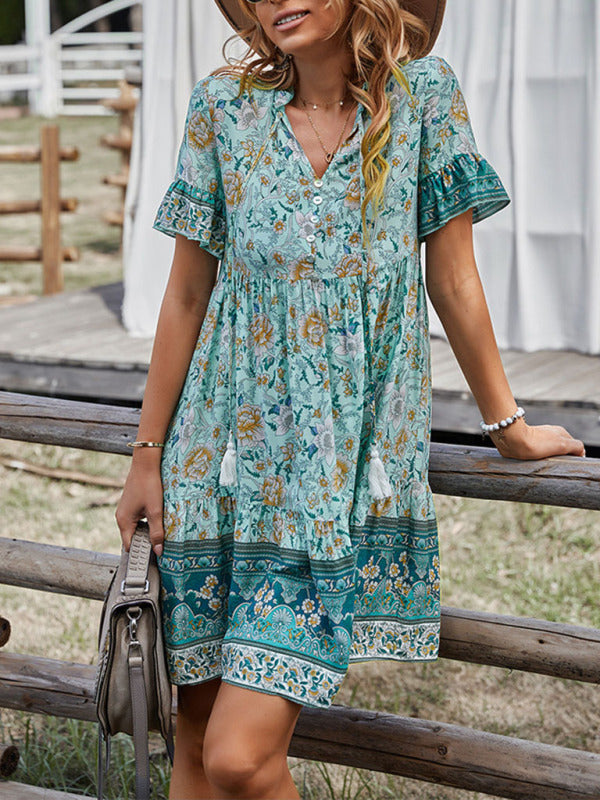 Blue Zone Planet |  Woven Loose Vacation Short Sleeve Dress BLUE ZONE PLANET