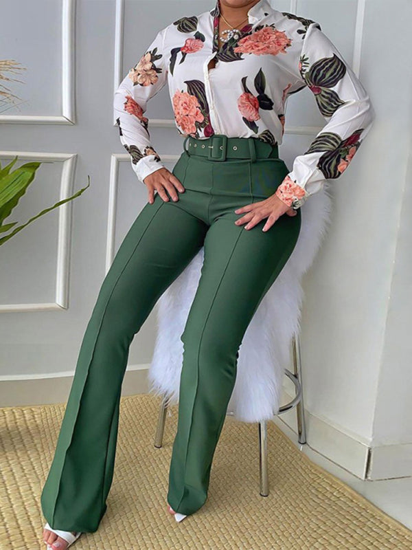 Blue Zone Planet |  Set printed long-sleeved shirt top wide-leg pants two-piece set BLUE ZONE PLANET