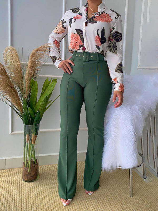 Blue Zone Planet |  Set printed long-sleeved shirt top wide-leg pants two-piece set BLUE ZONE PLANET