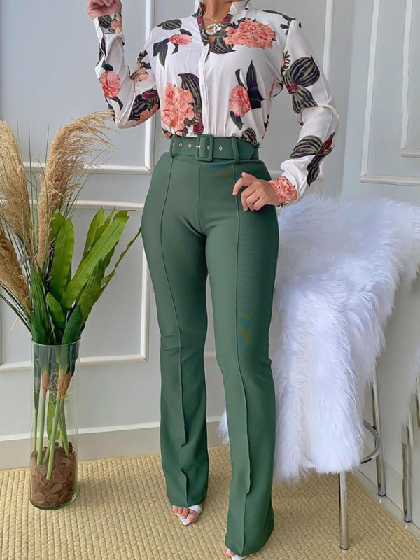 Blue Zone Planet |  Set printed long-sleeved shirt top wide-leg pants two-piece set BLUE ZONE PLANET