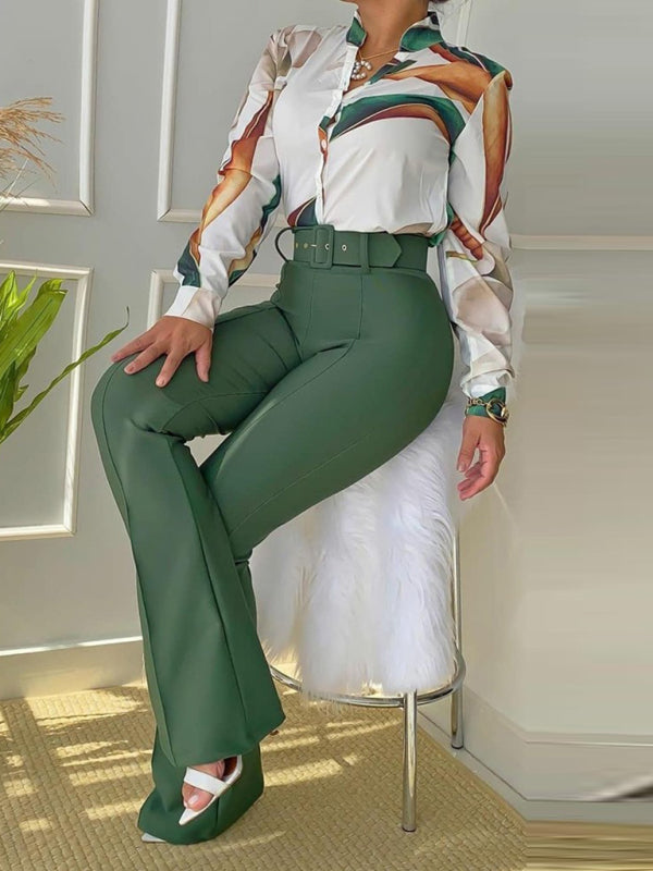Blue Zone Planet |  Set printed long-sleeved shirt top wide-leg pants two-piece set BLUE ZONE PLANET