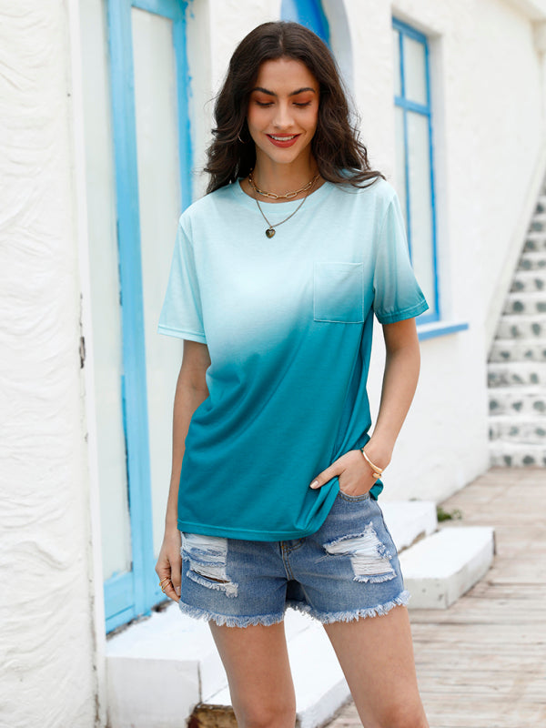 Blue Zone Planet |  Knit Round Neck Tie Dye Gradient Short Sleeve Top BLUE ZONE PLANET