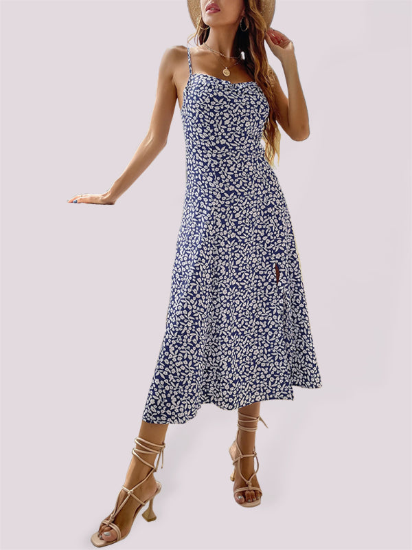 Blue Zone Planet |  New floral suspender dress slim fit slit print dress kakaclo