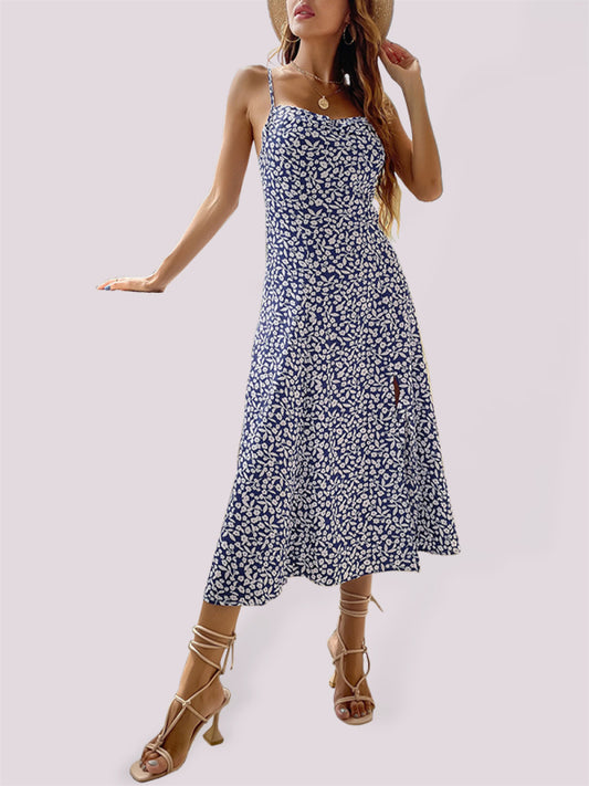 Blue Zone Planet |  New floral suspender dress slim fit slit print dress kakaclo