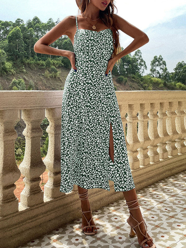 Blue Zone Planet |  New floral suspender dress slim fit slit print dress kakaclo
