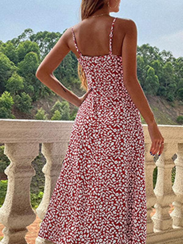 Blue Zone Planet |  New floral suspender dress slim fit slit print dress kakaclo
