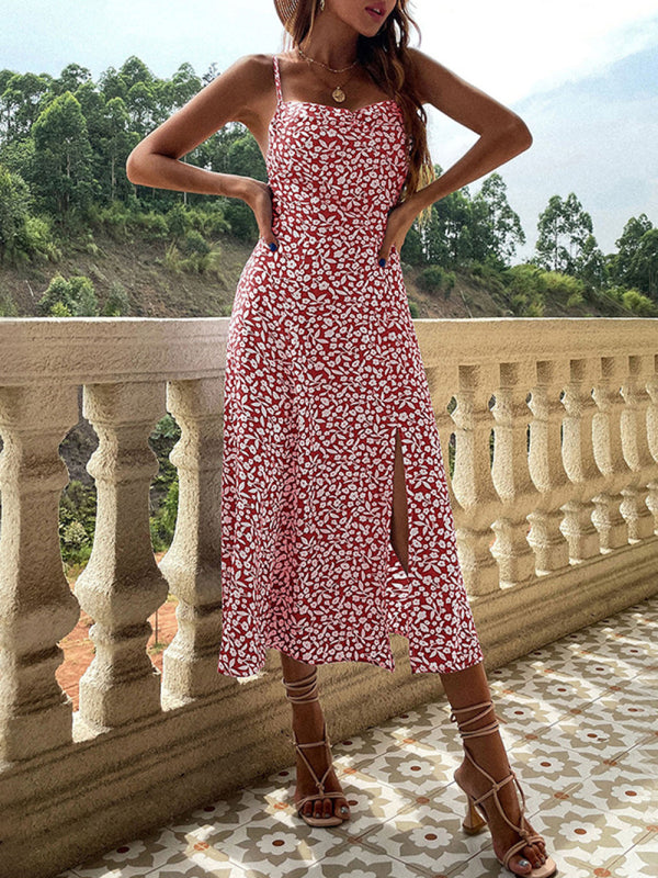 Blue Zone Planet |  New floral suspender dress slim fit slit print dress kakaclo