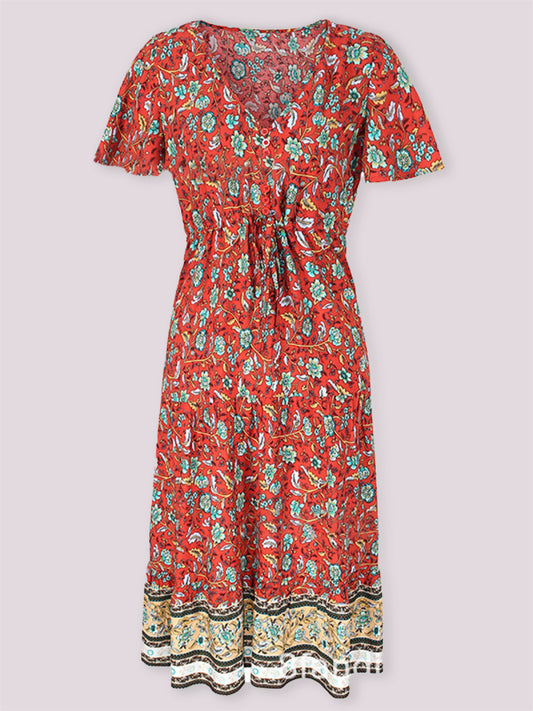 Blue Zone Planet |  Ella's Slim-Fit Floral Print Single-Breasted V-Neck Midi Dress BLUE ZONE PLANET