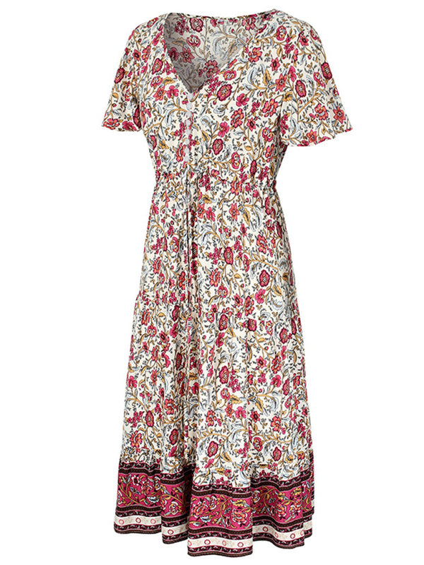 Blue Zone Planet |  Ella's Slim-Fit Floral Print Single-Breasted V-Neck Midi Dress BLUE ZONE PLANET