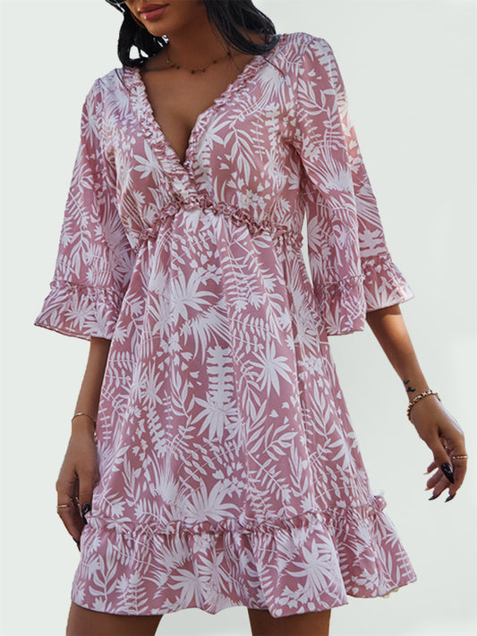 Deep V Holiday Print Dress Mid Skirt kakaclo