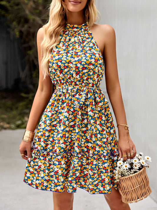 Halter Neck Print Sleeveless Resort Swing Dress kakaclo