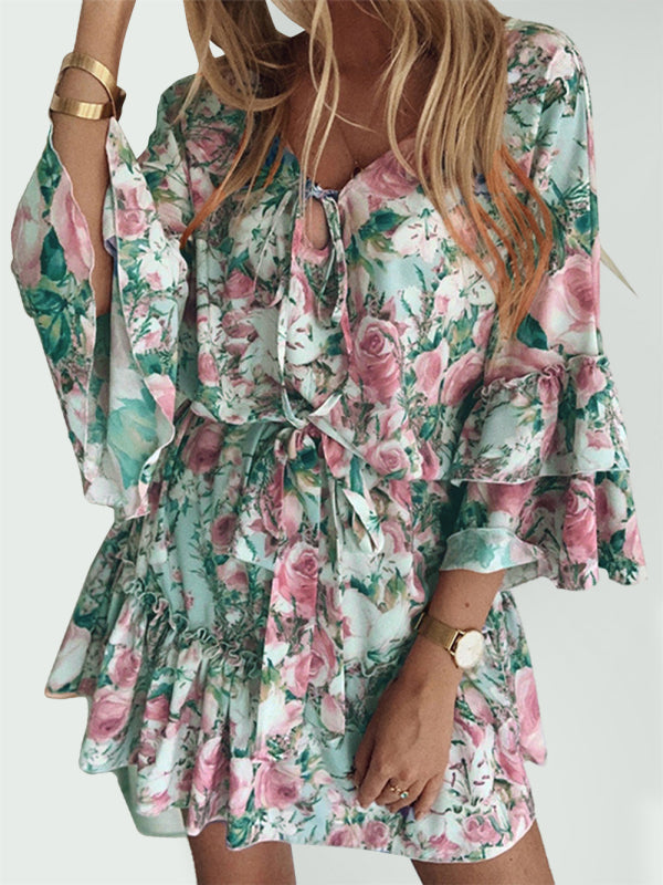 Blue Zone Planet |  pink chiffon pullover slimming floral mid-waist dress BLUE ZONE PLANET