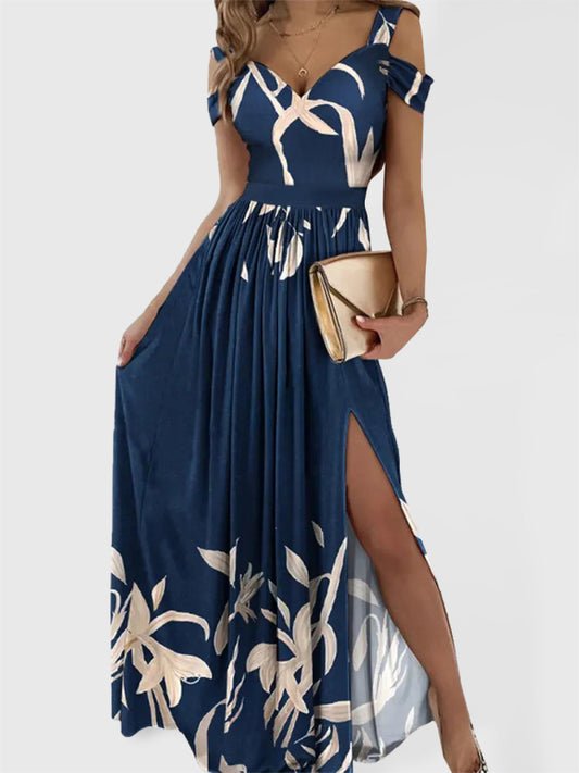 long dress printed V-neck sleeveless slit dress kakaclo