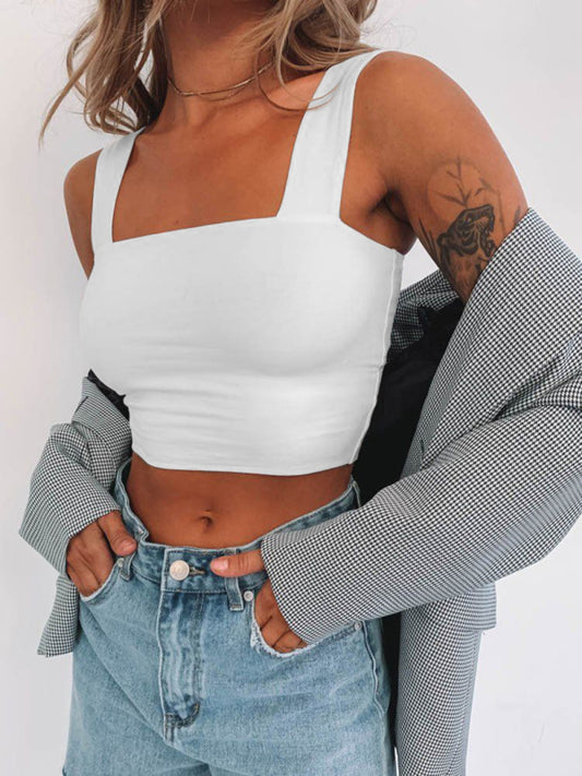 Knitted Slim All-Match Open Navel Square Neck Vest BLUE ZONE PLANET