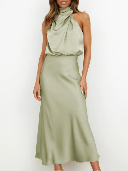 woven halter neck high-quality satin strap slim-fit celebrity mid-length dress kakaclo
