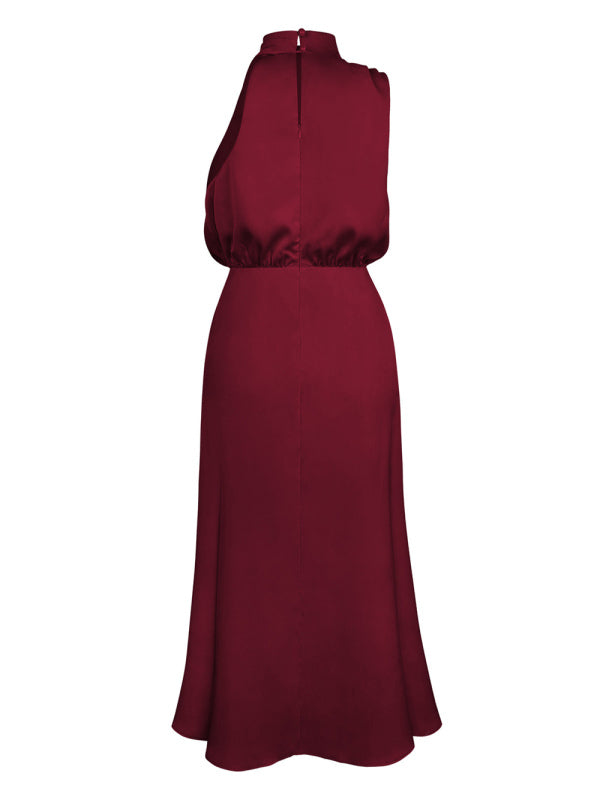 woven halter neck high-quality satin strap slim-fit celebrity mid-length dress kakaclo