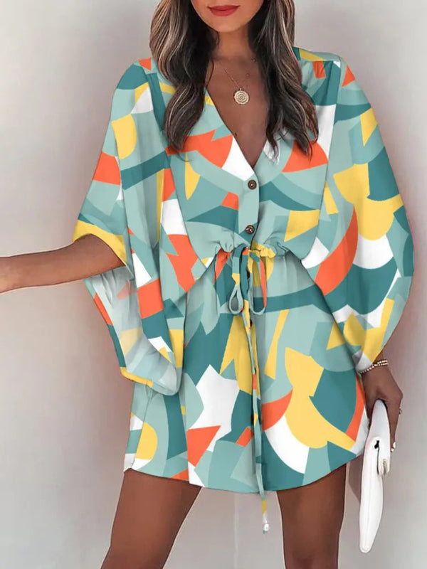 blue planet dresses Printed Notched Lantern Sleeve Midi Dress Navy / S