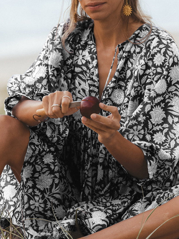 Blue Zone Planet |  Women's Woven Floral Loose Casual Dress with String kakaclo