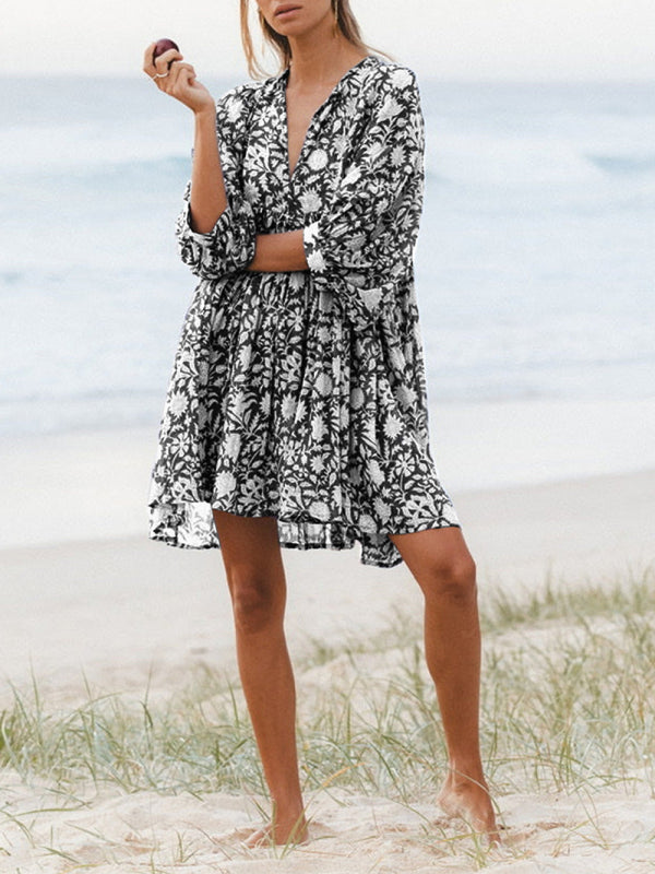 Blue Zone Planet |  Women's Woven Floral Loose Casual Dress with String kakaclo