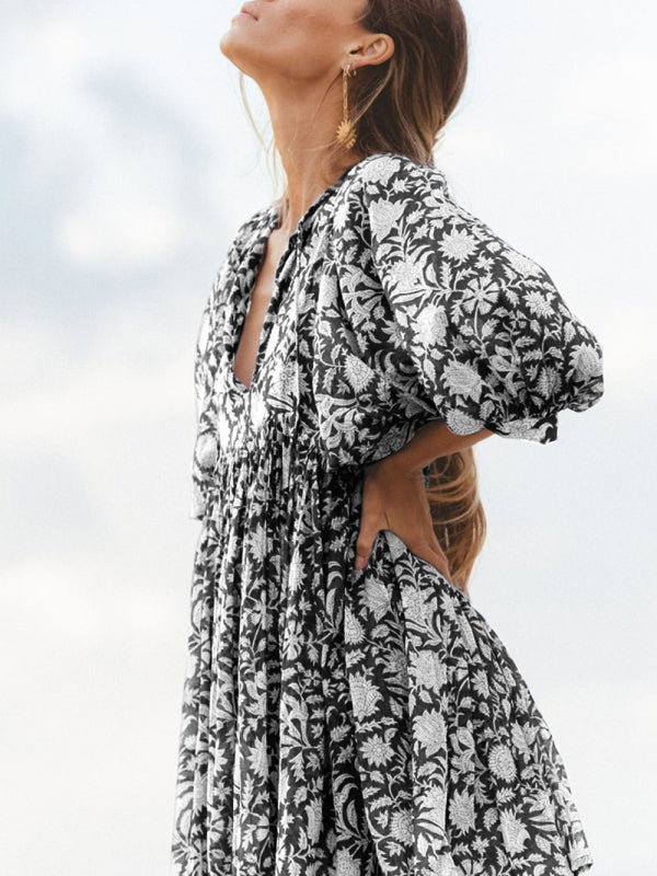 Blue Zone Planet |  Women's Woven Floral Loose Casual Dress with String kakaclo