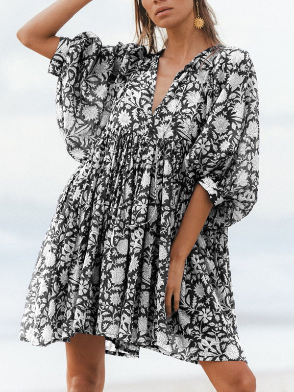 Blue Zone Planet |  Women's Woven Floral Loose Casual Dress with String kakaclo