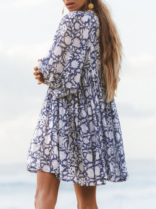 Blue Zone Planet |  Women's Woven Floral Loose Casual Dress with String kakaclo