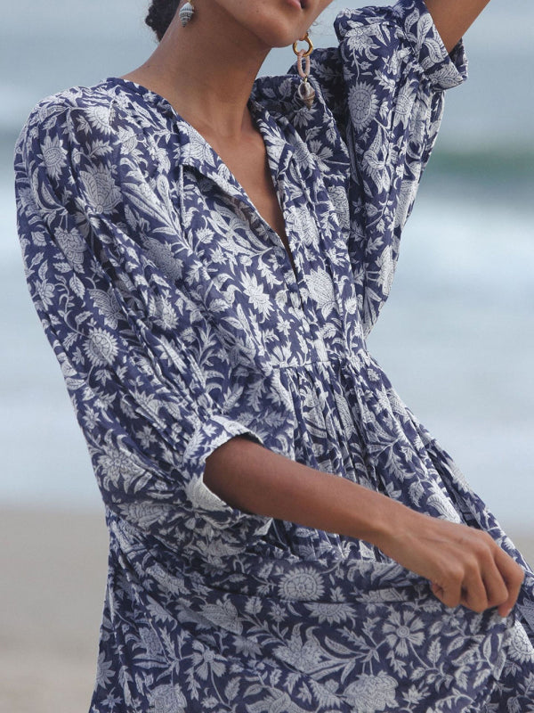 Blue Zone Planet |  Women's Woven Floral Loose Casual Dress with String kakaclo