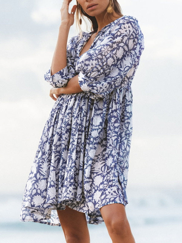 Blue Zone Planet |  Women's Woven Floral Loose Casual Dress with String kakaclo