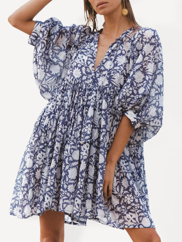Blue Zone Planet |  Women's Woven Floral Loose Casual Dress with String kakaclo