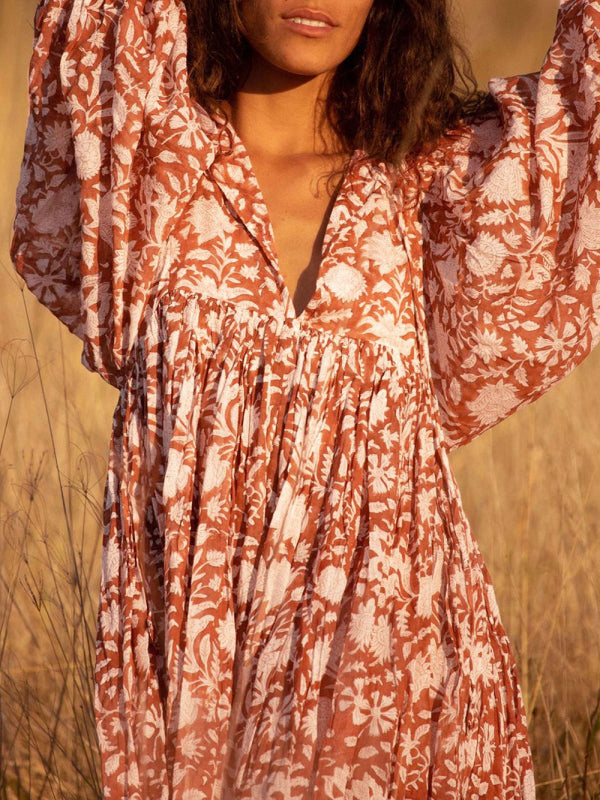 Blue Zone Planet |  Women's Woven Floral Loose Casual Dress with String kakaclo