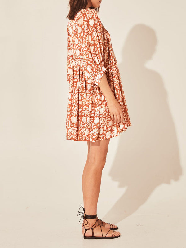 Blue Zone Planet |  Women's Woven Floral Loose Casual Dress with String kakaclo