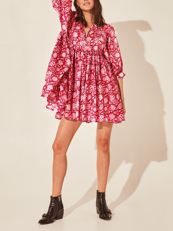 Blue Zone Planet |  Women's Woven Floral Loose Casual Dress with String kakaclo