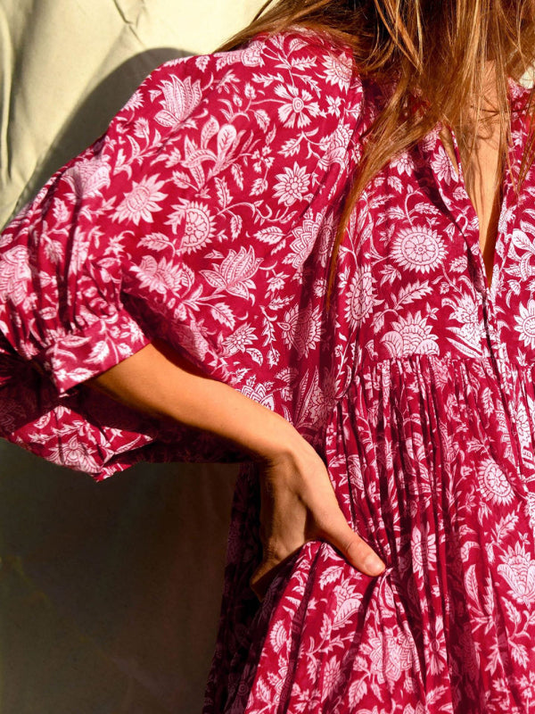 Blue Zone Planet |  Women's Woven Floral Loose Casual Dress with String kakaclo