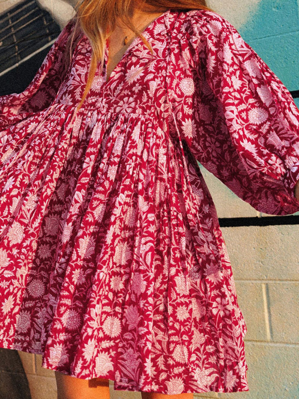 Blue Zone Planet |  Women's Woven Floral Loose Casual Dress with String kakaclo