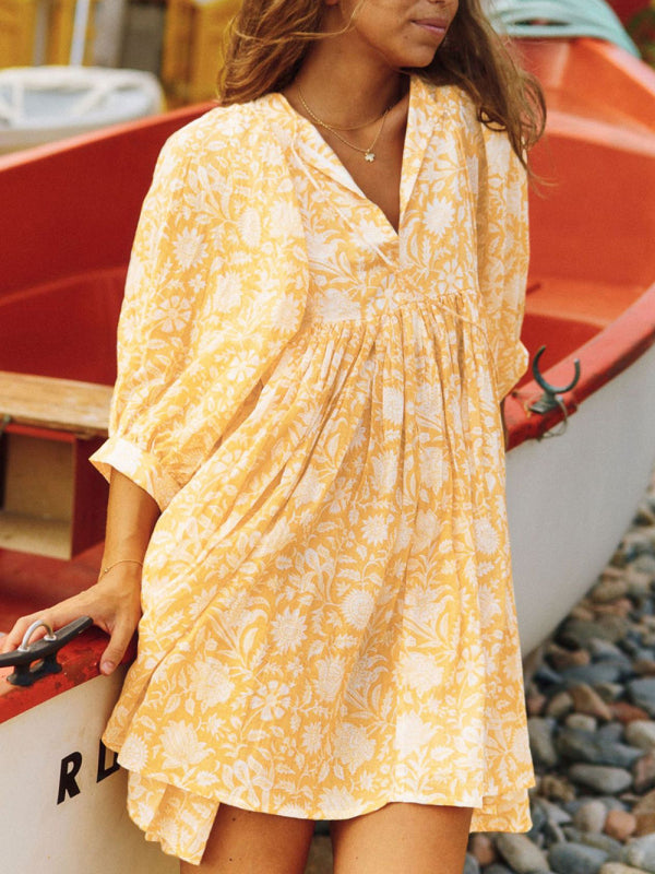 Blue Zone Planet |  Women's Woven Floral Loose Casual Dress with String kakaclo