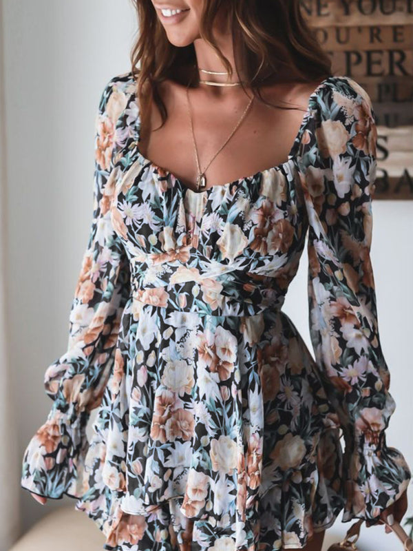 fashion sexy one-neck lantern lotus leaf long-sleeved printed jumpsuit kakaclo