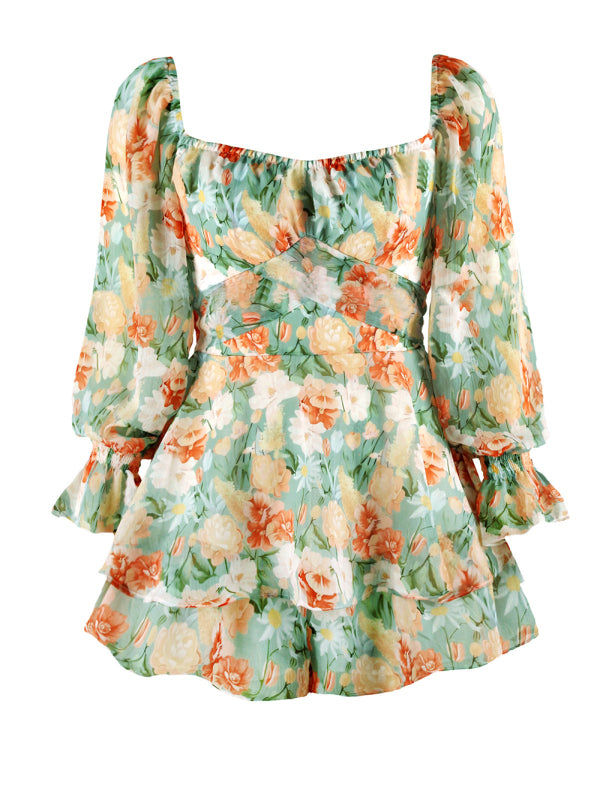 fashion sexy one-neck lantern lotus leaf long-sleeved printed jumpsuit kakaclo